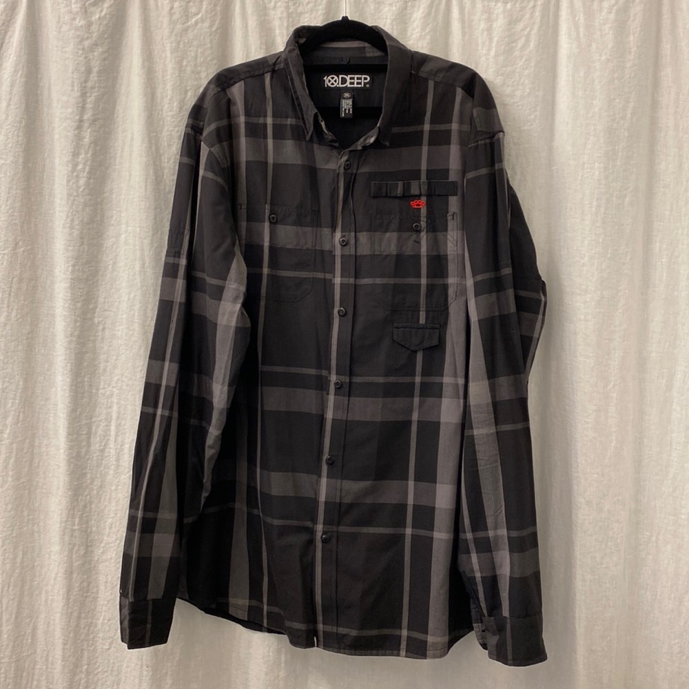 10.Deep Black Gray Plaid Casual Button‎ Down Shirt Size 3XL